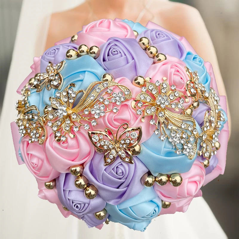 Blue Pink Purple Champagne Wedding Holding Flowers Bouquet