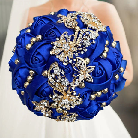 Blue Champagne Wedding Holding Flowers Bouquet