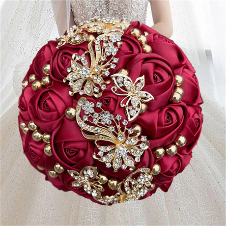 Red Champagne Wedding Holding Flowers Bouquet