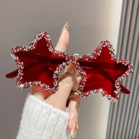 Red Chic Stars Rhinestone Shiny Sunglasses