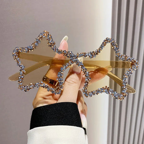 Brown Chic Stars Rhinestone Shiny Sunglasses