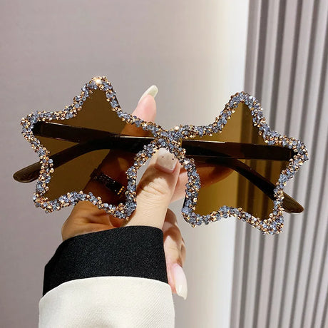 Brown Chic Stars Rhinestone Shiny Sunglasses