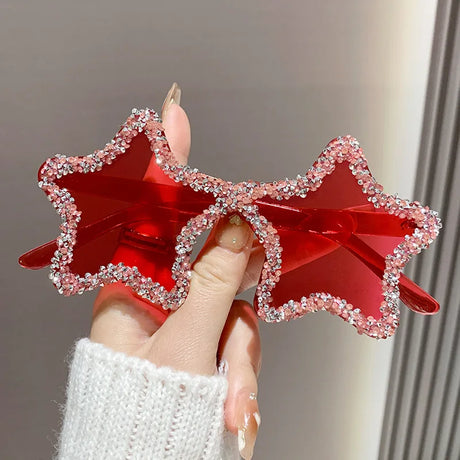 Red Chic Stars Rhinestone Shiny Sunglasses