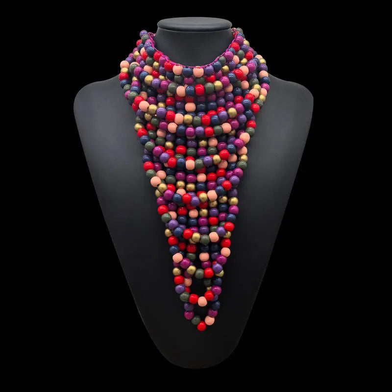 Multi Color Choker Bohemian Wooden Bead Multilayer Necklace
