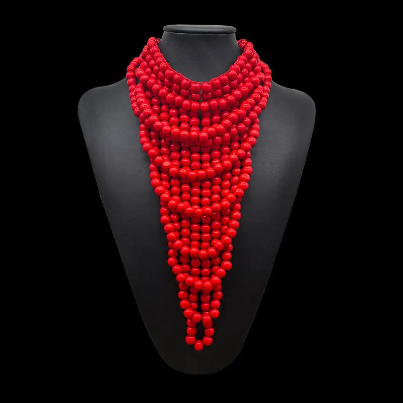 Red Choker Bohemian Wooden Bead Multilayer Necklace