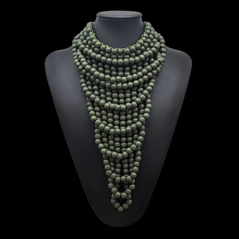 Green Choker Bohemian Wooden Bead Multilayer Necklace