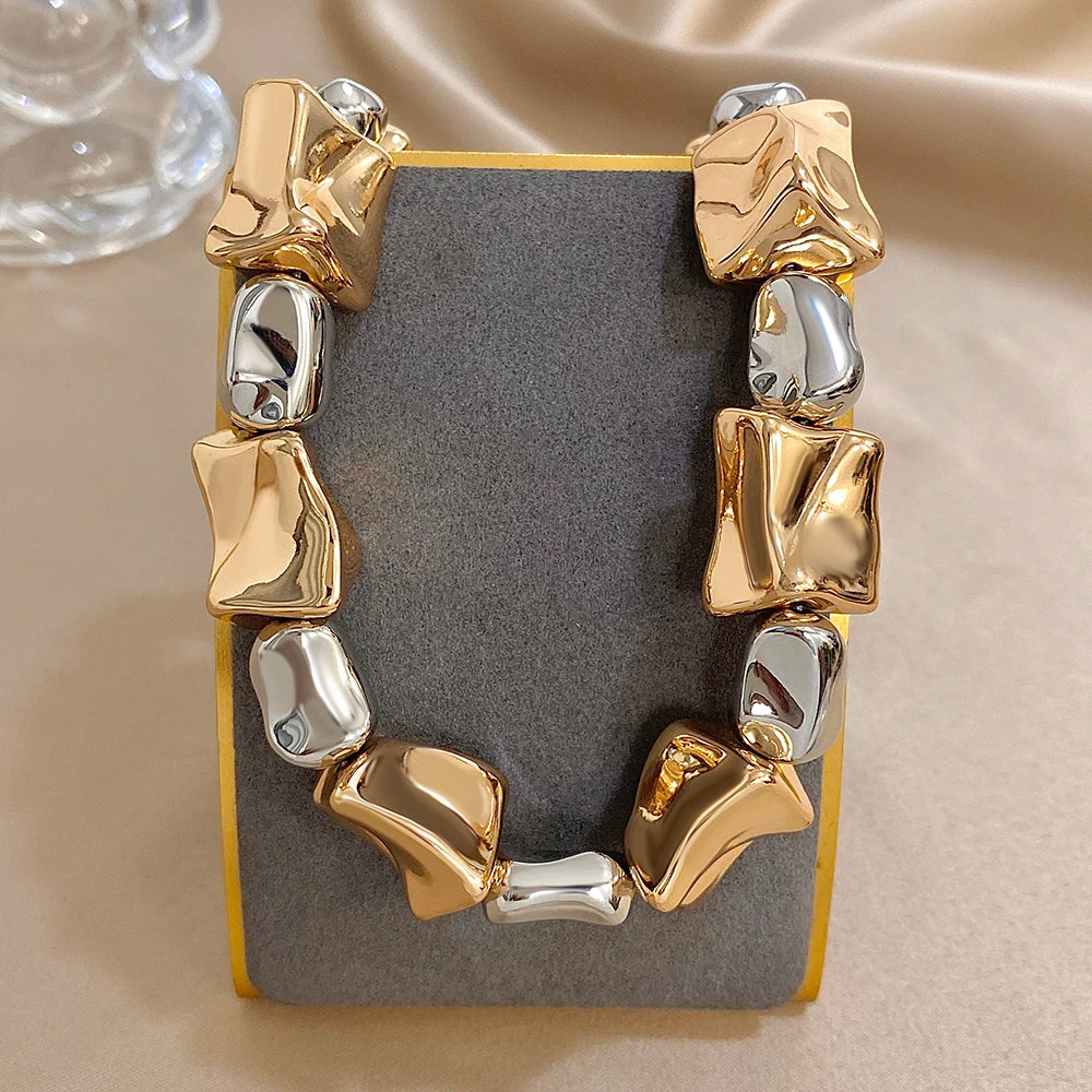 Chunky CCB Two-Tone Gold Silver Irregular Geometric Necklace