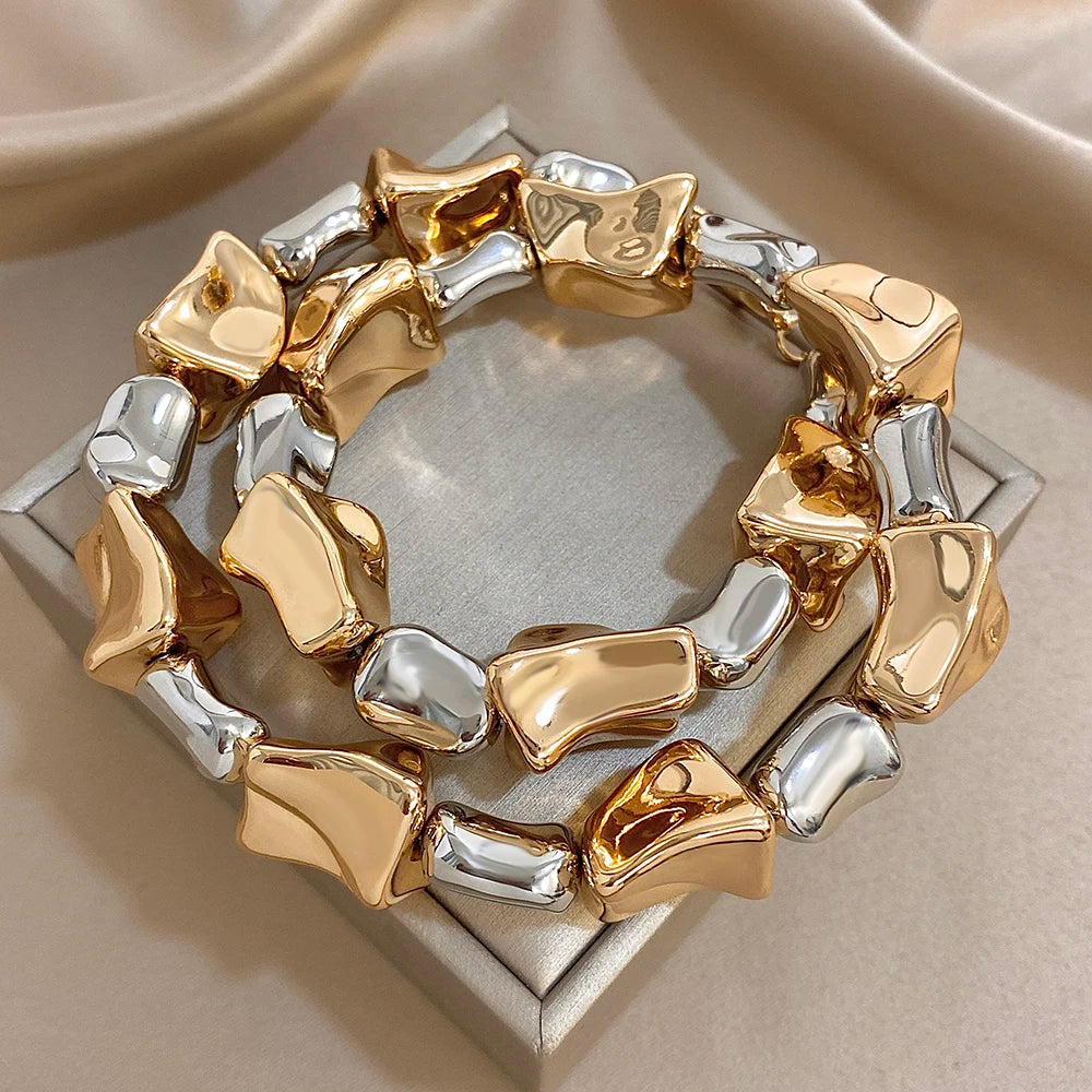 Chunky CCB Two-Tone Gold Silver Irregular Geometric Necklace
