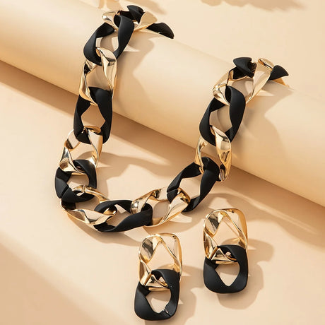 Black Chunky Link Chain Choker Necklace and Earrings