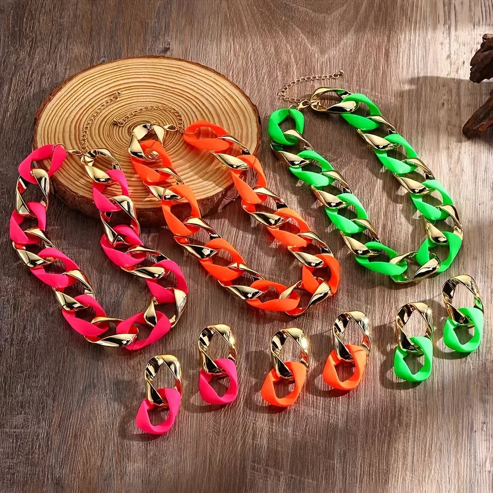 Collection of Chunky Link Chain Choker Necklace and Earrings