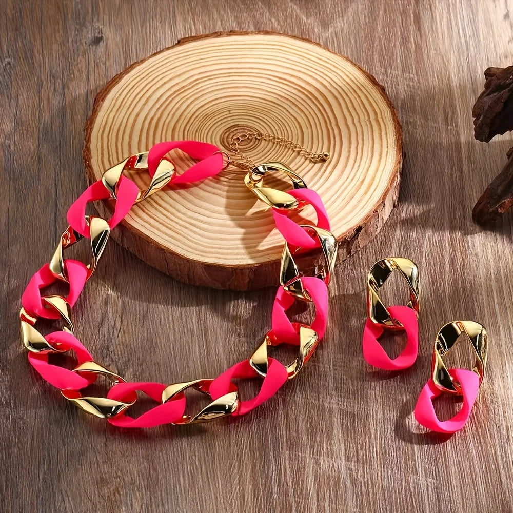 Pink Chunky Link Chain Choker Necklace and Earrings