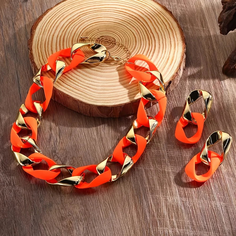 Orange Chunky Link Chain Choker Necklace and Earrings