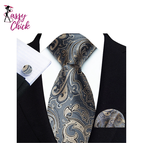Classic Beige Jacquard Solid Paisley Stripes Tie Sassy Chick Logo