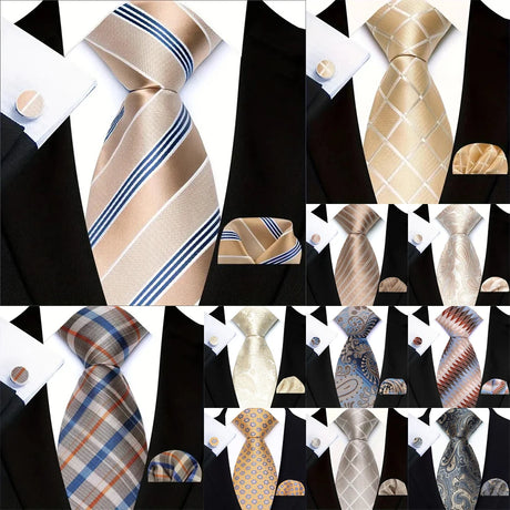 Collection of Classic Beige Jacquard Solid Paisley Stripes Tie