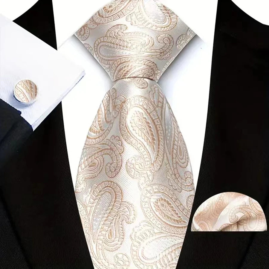 Beige Classic Beige Jacquard Solid Paisley Stripes Tie