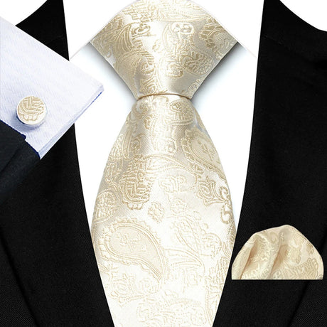 Classic Beige Jacquard Solid Paisley Stripes Tie