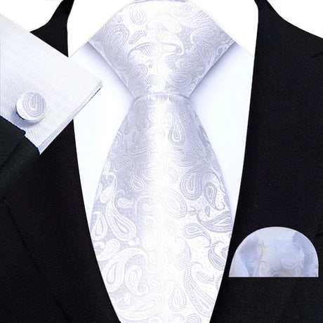 White Classic Jacquard Solid Paisley Stripes Tie