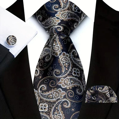 Black Classic Jacquard Solid Paisley Stripes Tie