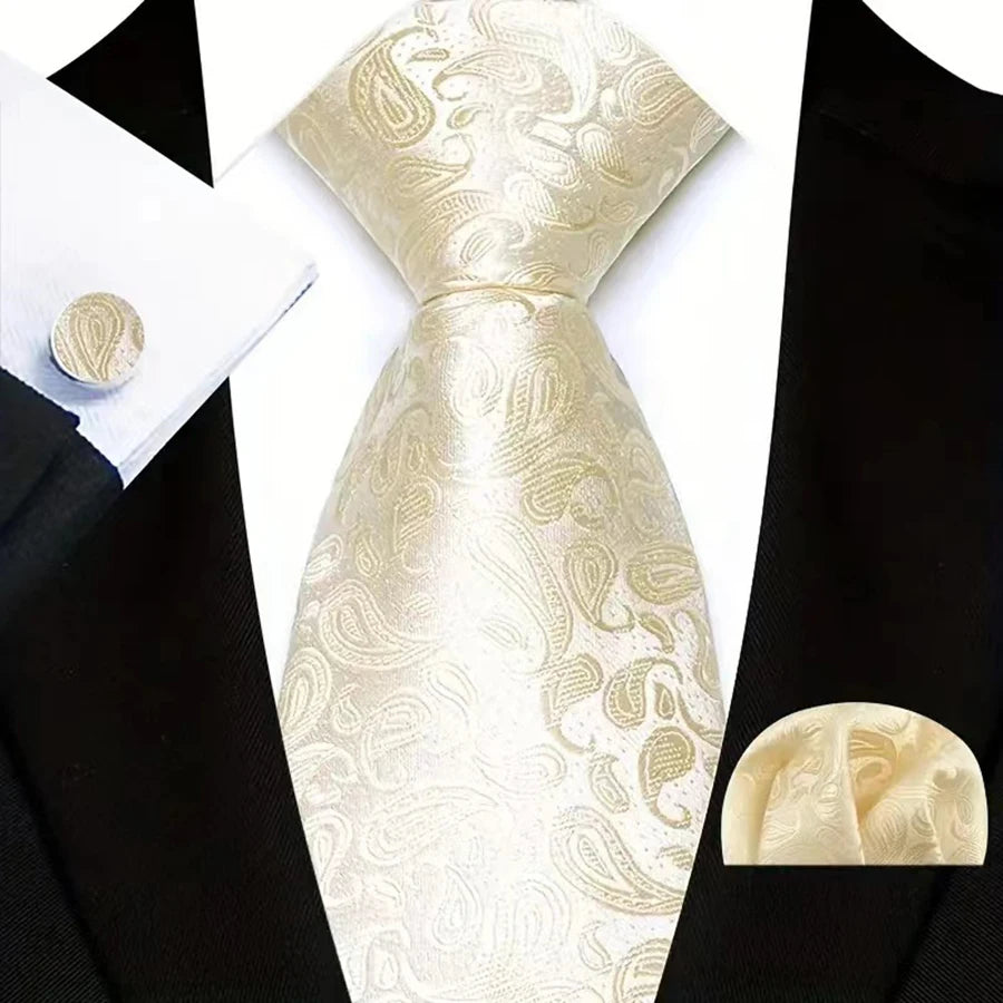 Classic Beige Jacquard Solid Paisley Stripes Tie