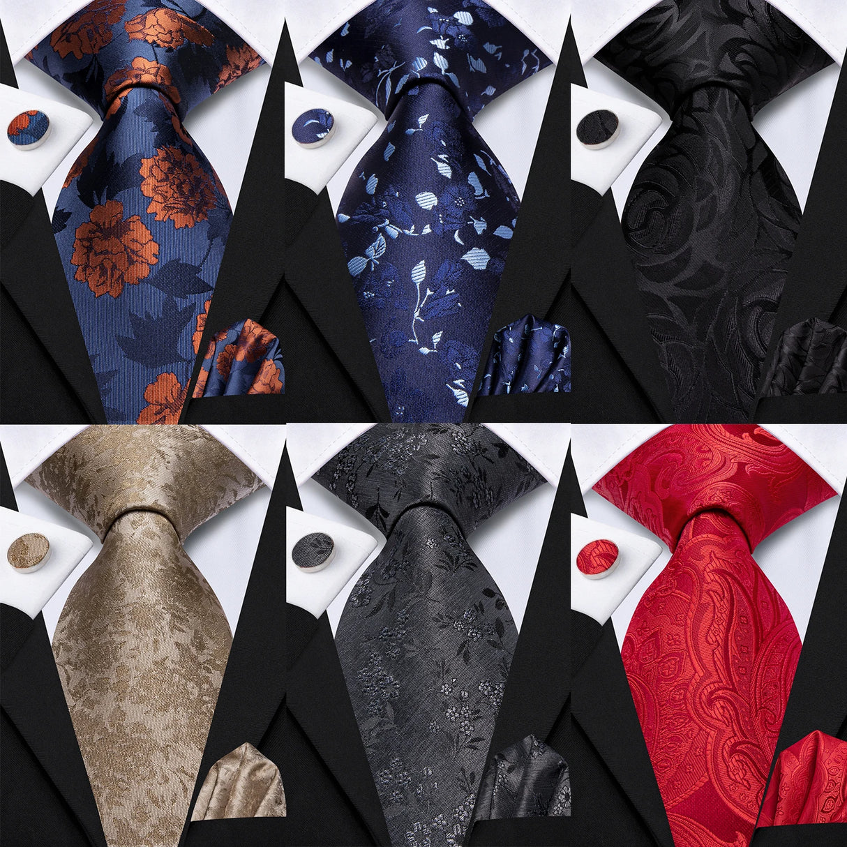 Collection of Classic Floral Fashion Handkerchief Cufflinks Necktie