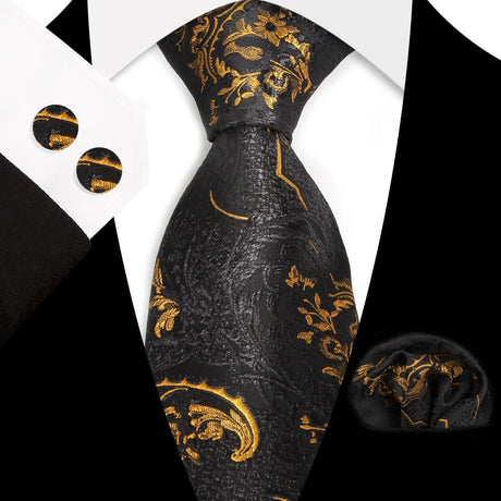 Gold Black Classic Floral Paisley Silk 8.5cm Handkerchief Cufflinks  Necktie