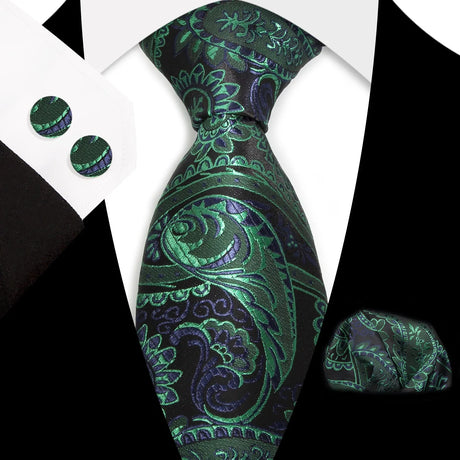 Green Classic Floral Paisley Silk 8.5cm Handkerchief Cufflinks  Necktie