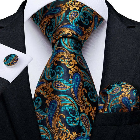 Gold Blue Classic Floral Paisley Silk 8.5cm Handkerchief Cufflinks  Necktie