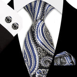 Blue White Classic Floral Paisley Silk 8.5cm Handkerchief Cufflinks Necktie