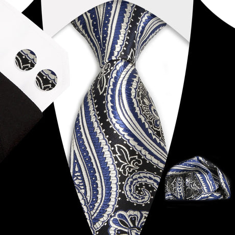 Blue White Classic Floral Paisley Silk 8.5cm Handkerchief Cufflinks Necktie