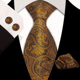 Gold Classic Floral Paisley Silk 8.5cm Handkerchief Cufflinks Necktie