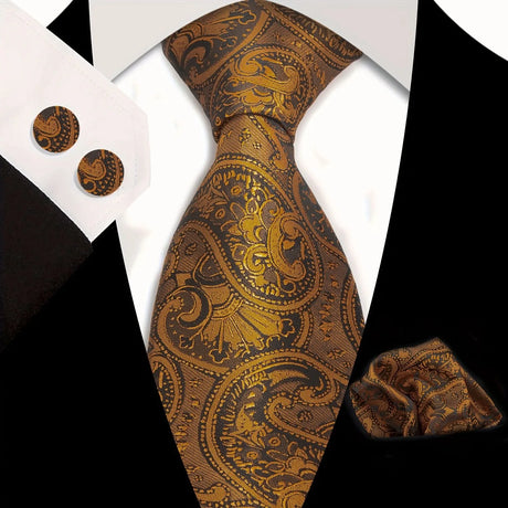 Gold Classic Floral Paisley Silk 8.5cm Handkerchief Cufflinks Necktie