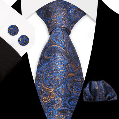 Blue Classic Floral Paisley Silk 8.5cm Handkerchief Cufflinks Necktie