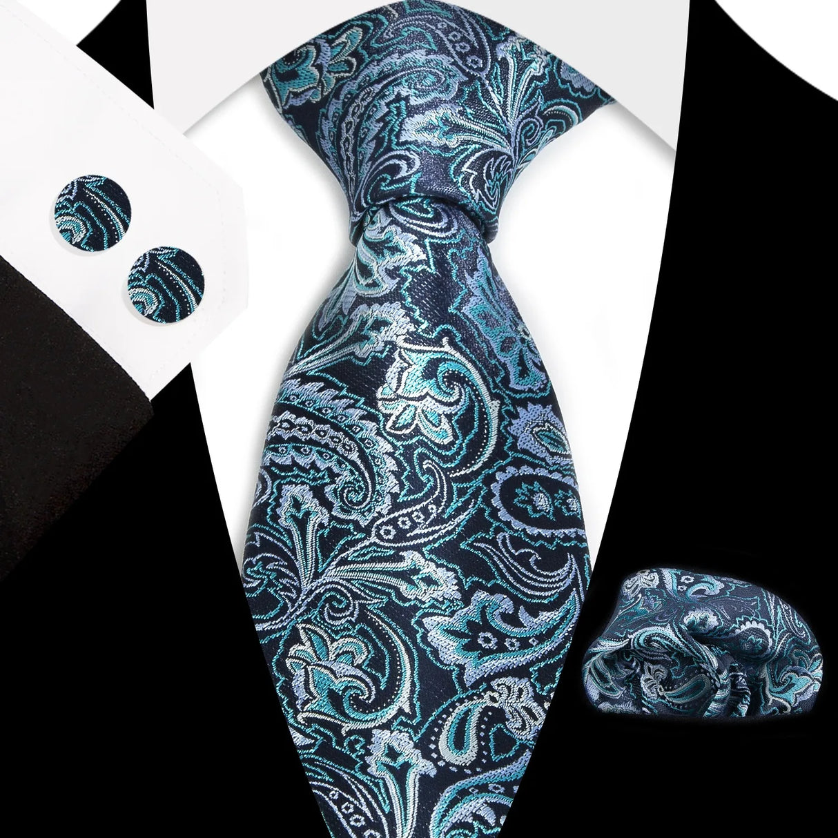 Classic Floral Paisley Silk 8.5cm Handkerchief Cufflinks Necktie