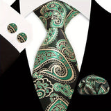 Green Black Classic Floral Paisley Silk 8.5cm Handkerchief Cufflinks Necktie