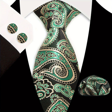 Green Black Classic Floral Paisley Silk 8.5cm Handkerchief Cufflinks Necktie