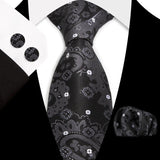 Black Classic Floral Paisley Silk 8.5cm Handkerchief Cufflinks Necktie