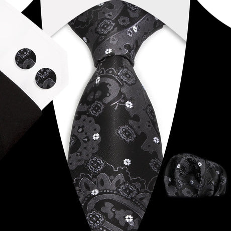 Black Classic Floral Paisley Silk 8.5cm Handkerchief Cufflinks Necktie