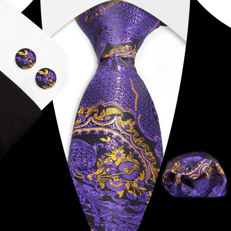 Purple Classic Floral Paisley Silk 8.5cm Handkerchief Cufflinks  Necktie