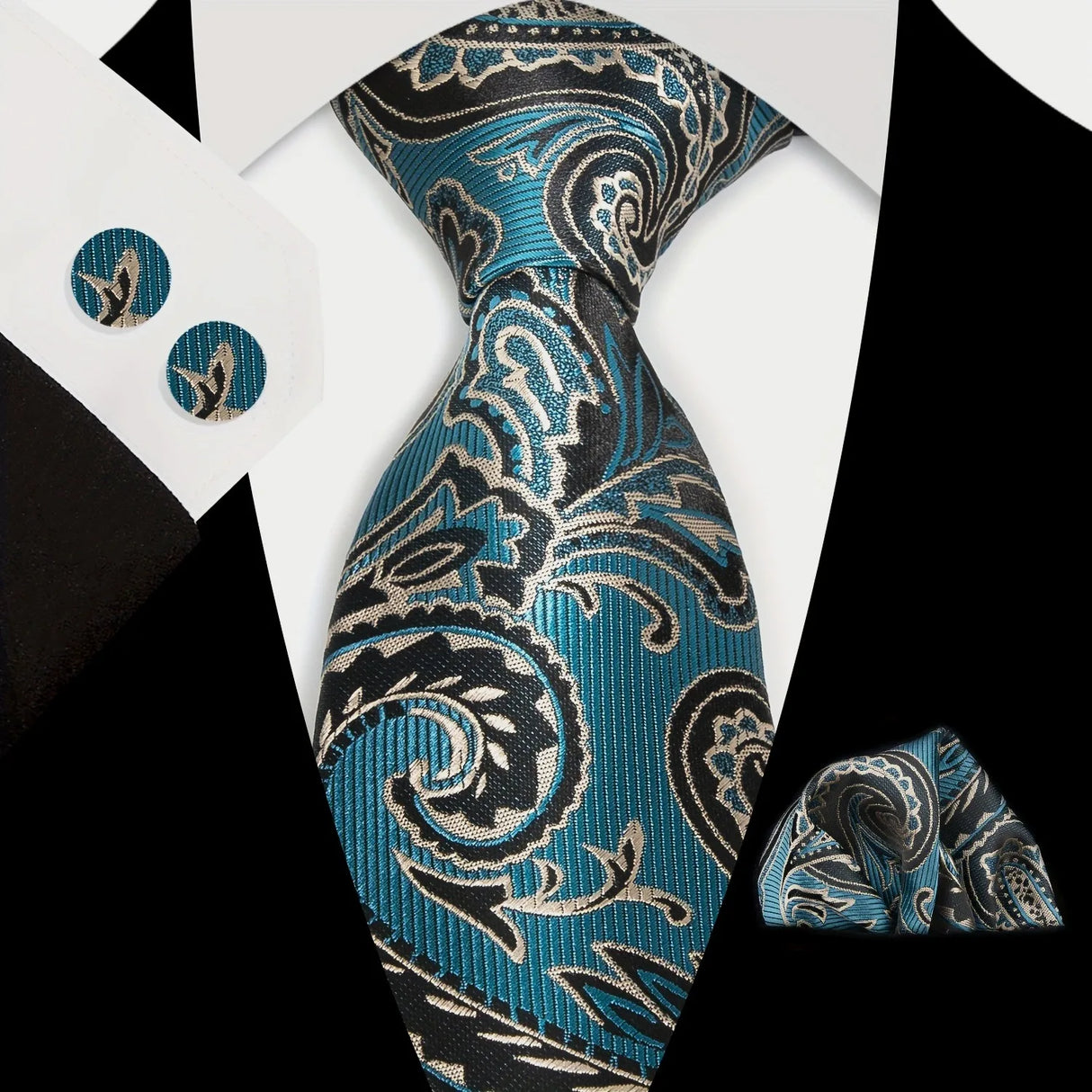 Blue Classic Floral Paisley Silk 8.5cm Handkerchief Cufflinks Necktie