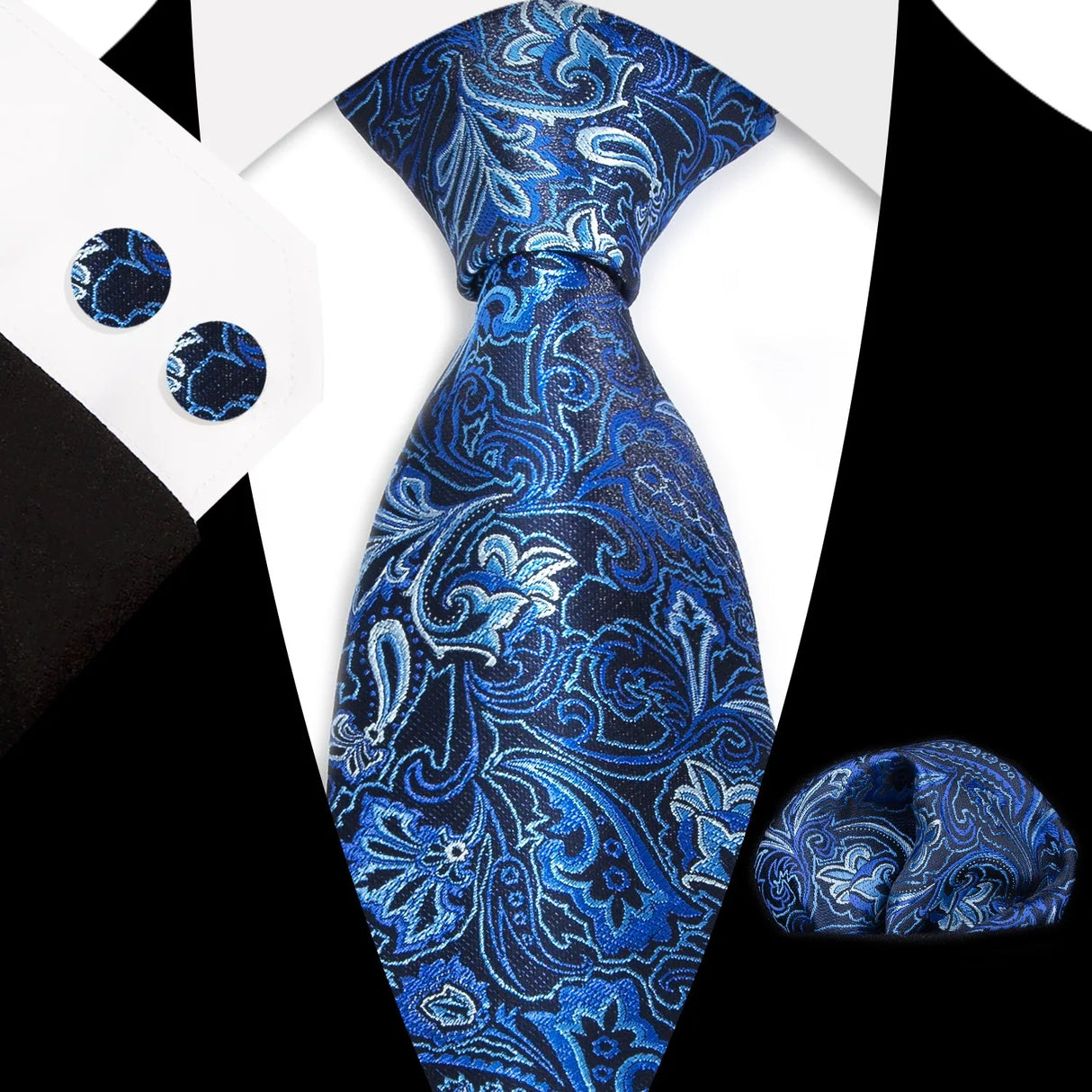 Blue Classic Floral Paisley Silk 8.5cm Handkerchief Cufflinks Necktie