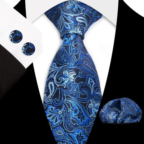 Blue Classic Floral Paisley Silk 8.5cm Handkerchief Cufflinks Necktie