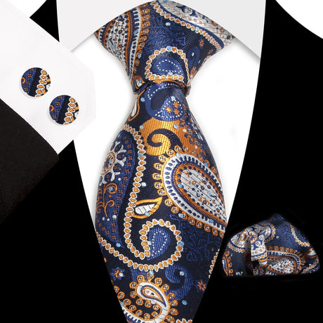 Blue Gold Classic Floral Paisley Silk 8.5cm Handkerchief Cufflinks Necktie