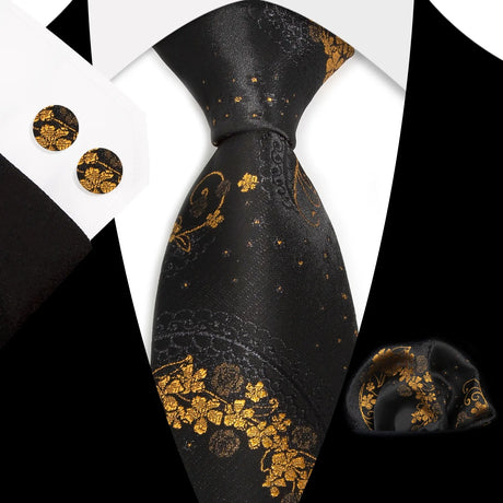 Black Gold Classic Floral Paisley Silk 8.5cm Handkerchief Cufflinks Necktie