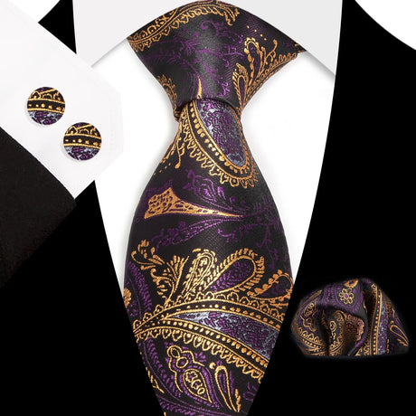 Violet Gold Classic Floral Paisley Silk 8.5cm Handkerchief Cufflinks Necktie
