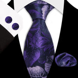 Purple Classic Floral Paisley Silk 8.5cm Handkerchief Cufflinks Necktie