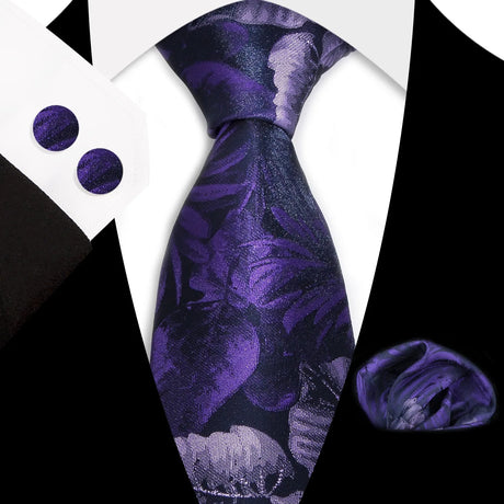Purple Classic Floral Paisley Silk 8.5cm Handkerchief Cufflinks Necktie