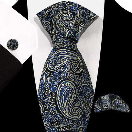 Blue Classic Floral Paisley Silk 8.5cm Handkerchief Cufflinks Necktie