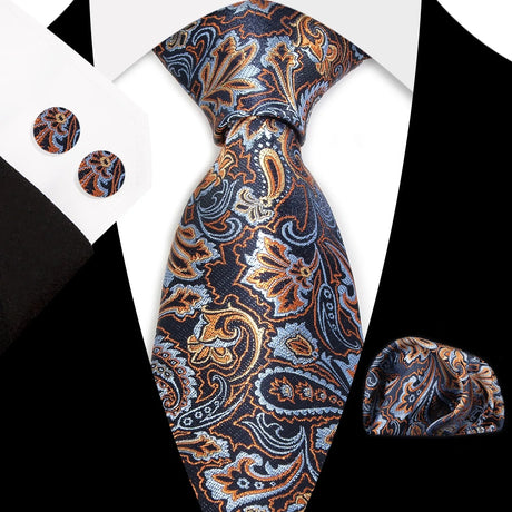Gold Classic Floral Paisley Silk 8.5cm Handkerchief Cufflinks Necktie