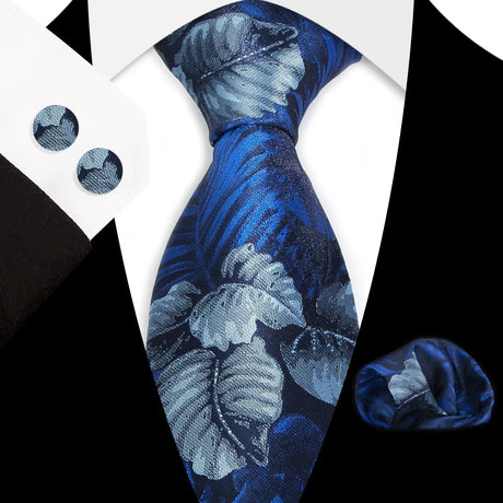 Blue Classic Floral Paisley Silk 8.5cm Handkerchief Cufflinks Necktie
