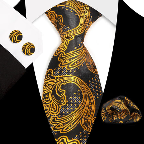 Gold Classic Floral Paisley Silk 8.5cm Handkerchief Cufflinks  Necktie